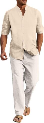Mens Linen Suit 2 Pieces Casual Long Sleeve Henley Shirts Beach Yoga Pants Cotton Linen Set Summer Vacation Outfits in Saudi Arabia