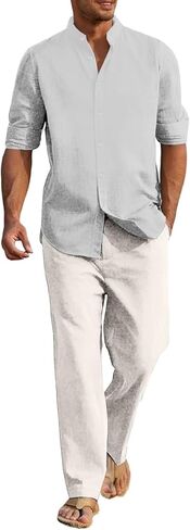 Mens Linen Suit 2 Pieces Casual Long Sleeve Henley Shirts Beach Yoga Pants Cotton Linen Set Summer Vacation Outfits in Saudi Arabia