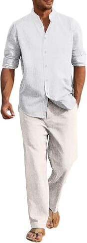 Mens Linen Suit 2 Pieces Casual Long Sleeve Henley Shirts Beach Yoga Pants Cotton Linen Set Summer Vacation Outfits in Saudi Arabia