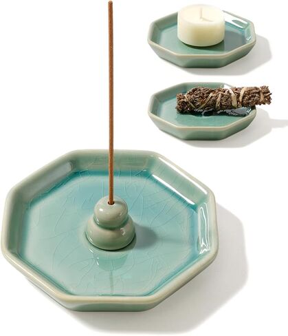 Incense Holder for Sticks, Incense Burner, Ceramic Crackle Glaze Green Incense Holder, Incense Stick Holder with Ash Catcher, ANTIS'S HOME in Kuwait