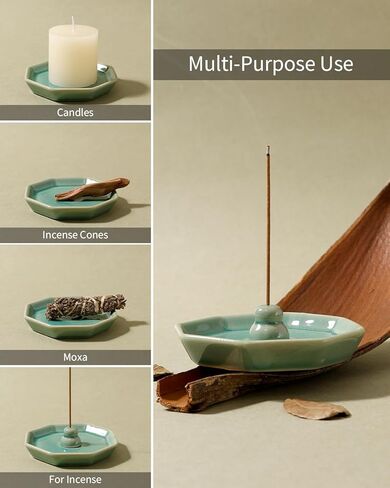 Incense Holder for Sticks, Incense Burner, Ceramic Crackle Glaze Green Incense Holder, Incense Stick Holder with Ash Catcher, ANTIS'S HOME in Kuwait