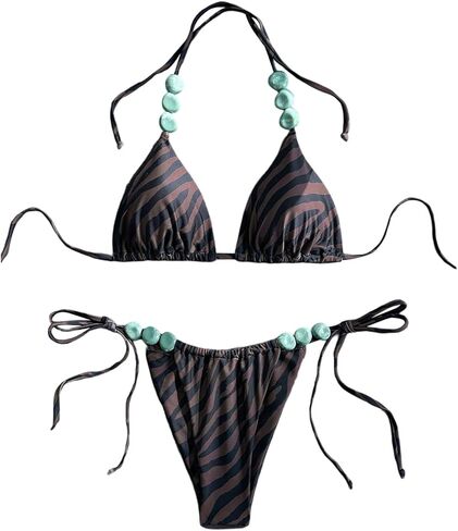 MakeMeChic Women's Zebra Striped Triangle Bikini Sets Beaded Halter String High Waisted Beach Swimsuits in Saudi Arabia