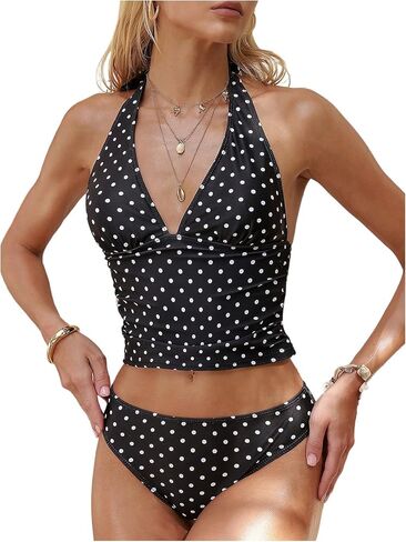 Milumia Women's Tankini Swimsuits Polka Dots Halter V Neck Two Piece Bathing Suits in Saudi Arabia
