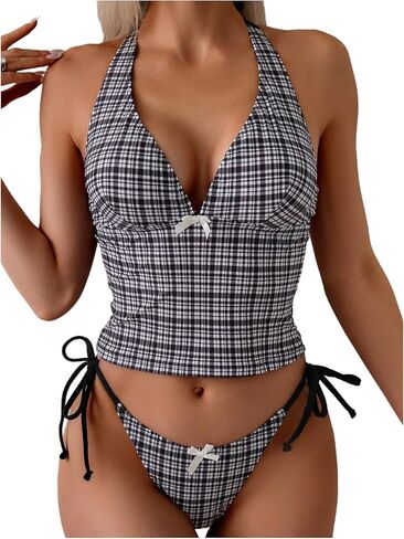 GORGLITTER Women's Plaid Gingham Tankini Swimsuits High Cut String Thong Deep V Halter Bathing Suits in Saudi Arabia