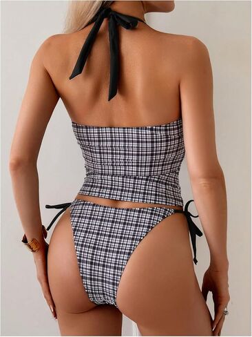 GORGLITTER Women's Plaid Gingham Tankini Swimsuits High Cut String Thong Deep V Halter Bathing Suits in Saudi Arabia