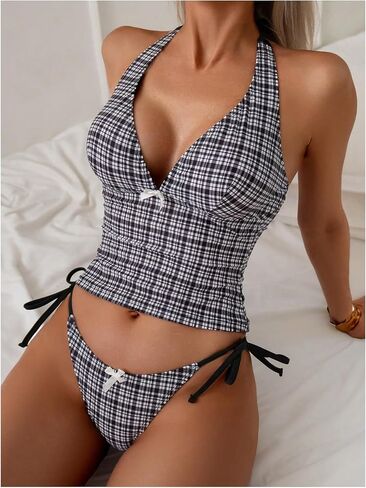 GORGLITTER Women's Plaid Gingham Tankini Swimsuits High Cut String Thong Deep V Halter Bathing Suits in Saudi Arabia