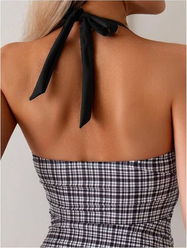 GORGLITTER Women's Plaid Gingham Tankini Swimsuits High Cut String Thong Deep V Halter Bathing Suits in Saudi Arabia