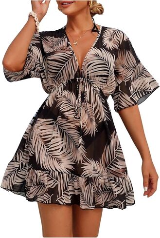 Floerns Women's Tropical Cover Ups Swim Dress V Neck Bathing Suit Summer Beach Dresses in Saudi Arabia