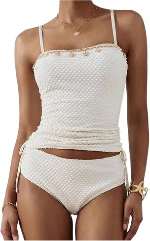 Verdusa Women's 2 Piece Textured Tankini Sets Boho Seashell Beaded Camisole Tops with Panty in Saudi Arabia