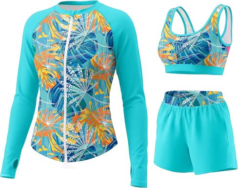 3 Piece Rash Guard for Women Long Sleeve Swimsuits Bathing Suit Zip up Swim Top Shirt Swim Over 50 UPF 50+ in Kuwait