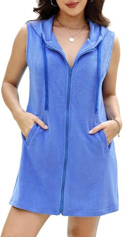 Gihuo Terry Cloth Swim Cover Up for Women Sleeveless Hooded Zipper Coverups Robes with Pockets Beach Bathing Suit in Saudi Arabia