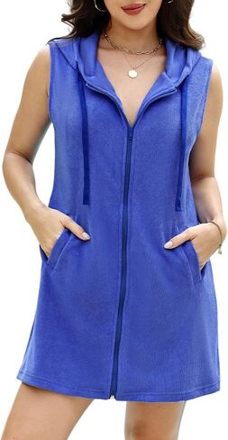 Gihuo Terry Cloth Swim Cover Up for Women Sleeveless Hooded Zipper Coverups Robes with Pockets Beach Bathing Suit in Saudi Arabia