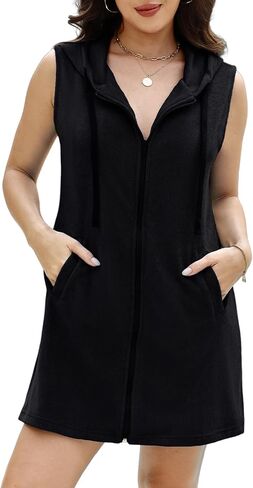 Gihuo Terry Cloth Swim Cover Up for Women Sleeveless Hooded Zipper Coverups Robes with Pockets Beach Bathing Suit in Saudi Arabia