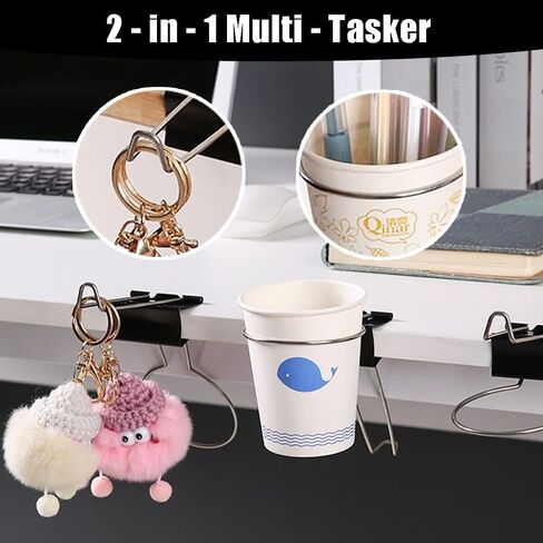 Desk Cup Holder Binder Clips Hooks,Disposable Paper Cup Table Edge Clamp,Headphone Bag Keys Hats Pencil Hanger for Home Office and School,2 Pack in Saudi Arabia