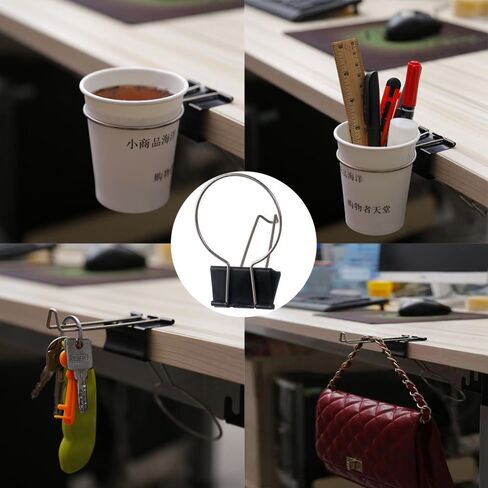 Desk Cup Holder Binder Clips Hooks,Disposable Paper Cup Table Edge Clamp,Headphone Bag Keys Hats Pencil Hanger for Home Office and School,2 Pack in Saudi Arabia