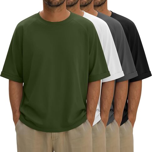 4 Pack Men's Oversized Shirts Solid Short Sleeve T-Shirts Casual Raglan Crewneck Tees Loose Fit Tops in Saudi Arabia