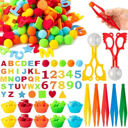Letters Numbers Sensory Bin Fillers - 240 Alphanumeric Fine Motor Toys Color Counting Sorting Set for Kids, Felt ABC Letter Math Symbols Pom Poms Cup Clip for Preschool Education Activities in Kuwait