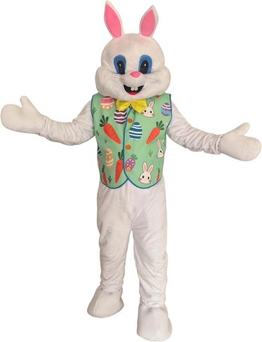 Easter Bunny Mascot Costume Rabbit Outfit with Decorative Vest, White Plush Full Body Suit with Pink Ears in Saudi Arabia