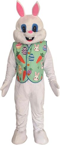 Easter Bunny Mascot Costume Rabbit Outfit with Decorative Vest, White Plush Full Body Suit with Pink Ears in Saudi Arabia