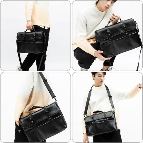 Pu Leather Laptop Briefcase and Men Crossbody Business Shoulder Bag, Portable 14-inch Portfolio Handbag for Travel and Office Use, Black in Saudi Arabia