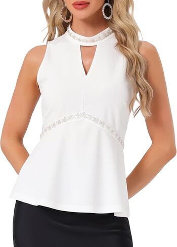 Women's Halter Tops Beaded Cocktail Formal Sleeveless Sparkle Rhinestone Peplum Blouse in Kuwait