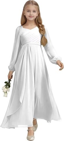 White Bridesmaid Dresses for Girls Chiffon Long Sleeves Pleated Flower Girl Pageant Party Formal Gowns Size 10 in Kuwait