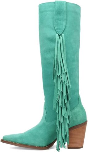 Dingo Womens Twister Fringe Snip Toe Pull On Casual Boots Over the Knee Mid Heel 2-3" - Green in Saudi Arabia