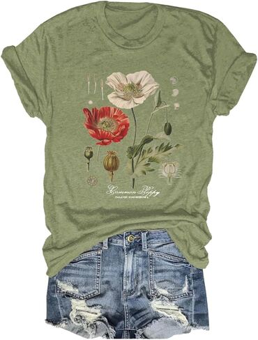 Memorial Day Vintage Poppy T-Shirt for Women Poppy Flower Language Crew Neck Short Sleeve Summer Tee in Saudi Arabia