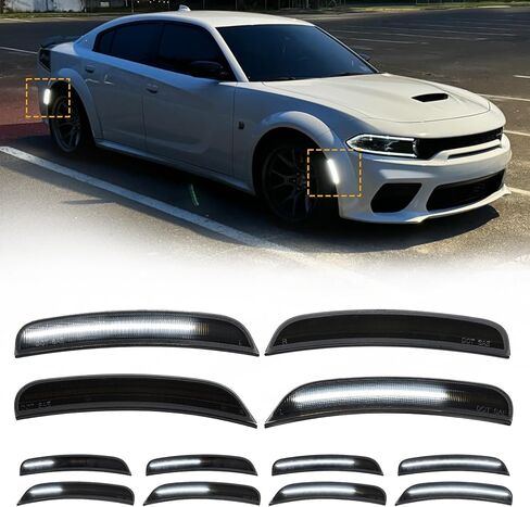 مصابيح LED جانبية متوهجة ديناميكية متوافقة مع Dodg'e Charger 2015-2026 - 4 قطع مصابيح أمامية وخلفية بيضاء | يناسب جميع الديكورات بما في ذلك Hellcat in Kuwait