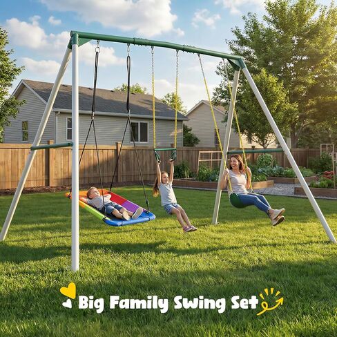 Hapfan 9.5' Tall Swing Sets for Backyard with Platform Swing, Heavy Duty Metal Swingset Outdoor for Kids with Trapeze Swing Bar, Belt Swing and Rectangle Swing in Kuwait