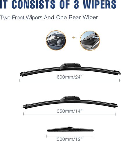3 Wipers 24"/14"/12" Windshield Wiper Blades Replacement for Fiat 500 2019-2011 Automative Windshield Wiper Blades 24"+14" Front Wipers with 12" Rear Wiper Blade Set in Kuwait