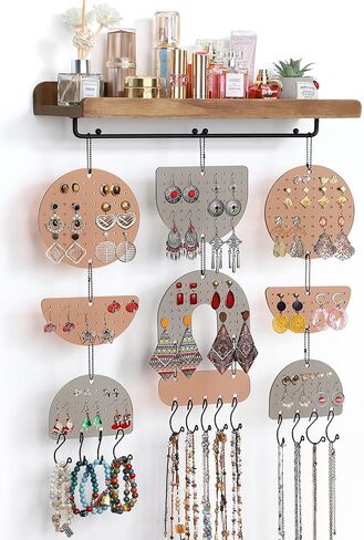 Keebofly Wall Mounted Jewelry Organizer, Boho Hanging Earring Holder with Wood Shelf & Necklace Hooks, Acrylic Pegboard Earring Display Rack for 100+ Pairs Studs, Hoops & Dangles, Decorative Storage in Kuwait