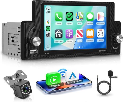 9 Inch Apple Carplay Single Din Touchscreen Car Stereo with Android Auto, Rimoody Car Radio with Bluetooth iOS/Android Mirror Link FM/AM Radio/TF/USB/AUX Input Car Multimedia Player + Backup Camera in Kuwait