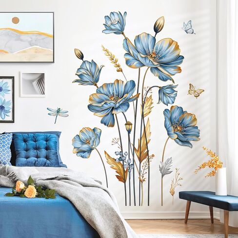 decalmile Large Blue Flower Wall Stickers Floral Butterfly Plants Gold Leaves Wall Decals Bedroom Living Room Sofa TV Background Wall Decor in Saudi Arabia