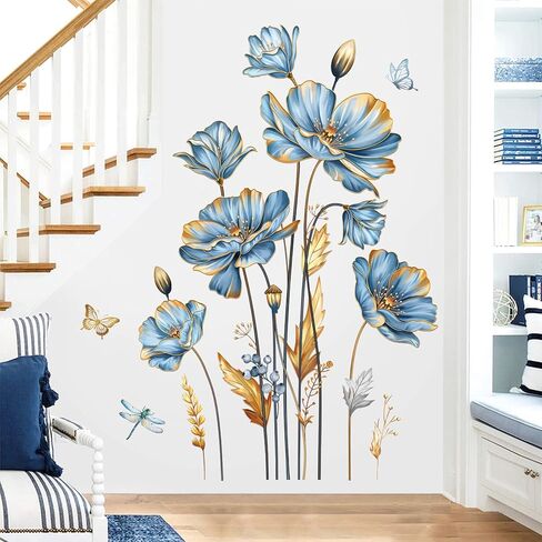 decalmile Large Blue Flower Wall Stickers Floral Butterfly Plants Gold Leaves Wall Decals Bedroom Living Room Sofa TV Background Wall Decor in Saudi Arabia