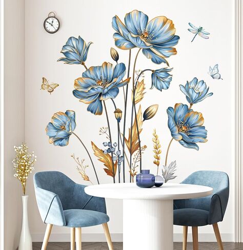 decalmile Large Blue Flower Wall Stickers Floral Butterfly Plants Gold Leaves Wall Decals Bedroom Living Room Sofa TV Background Wall Decor in Saudi Arabia
