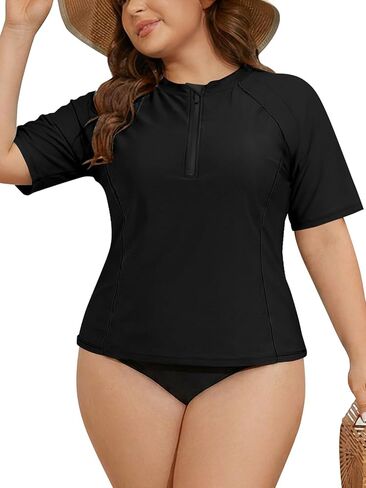 SHEKINI Women's Plus Size Rash Guard Short Sleeve Quarter Zip Sun Protection Swimsuits Top in Saudi Arabia