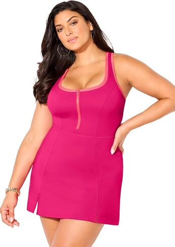 Swimsuits For All Women's Zip-Front Contrast Trim Swimdress (Plus in Saudi Arabia