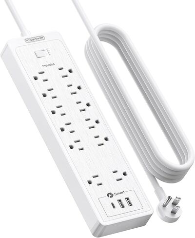 NTONPOWER 25 Ft Extension Cord Flat Plug, 12 Outlets(2 Widely Space) 3 USB with 2100J Power Strip, Overload Protection, 1875W/15A, Wall Mount for Home Office, Workbench or Garage,Black in Saudi Arabia