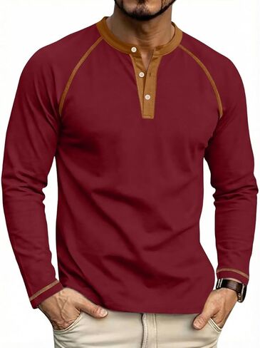 Men's Henry Long Sleeved T-Shirt Cotton Casual Button Lightweight Pullover Shirt Soft Stretch Tees Tops in Kuwait