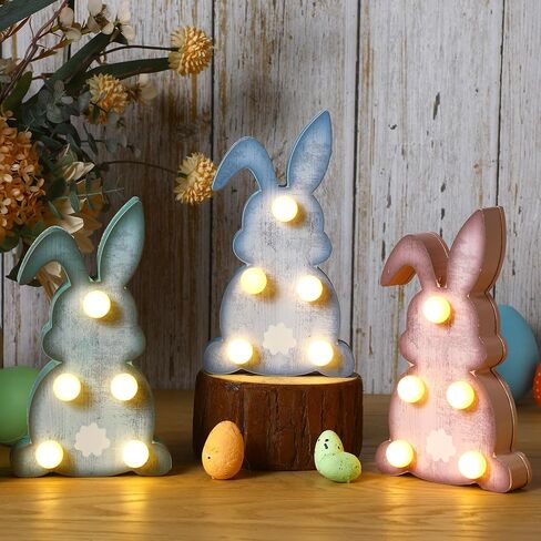Gejoy 3 Pcs Easter Wooden Bunny Light Table Decor 7" LED Rabbit Standing Sign Light up Rustic Farmhouse Table Centerpiece Spring Tiered Tray Decor for Home Office Living Room Desk Party Gift in Saudi Arabia