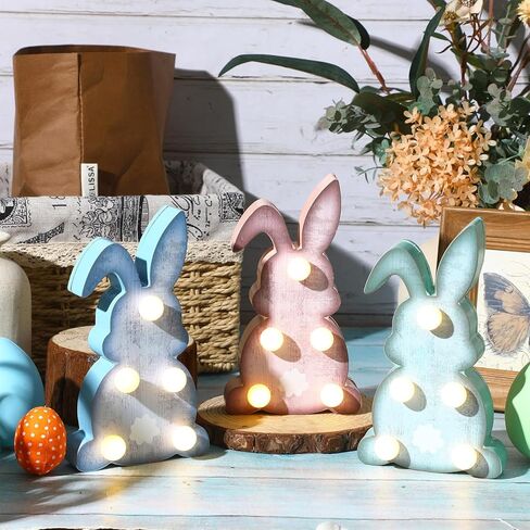 Gejoy 3 Pcs Easter Wooden Bunny Light Table Decor 7" LED Rabbit Standing Sign Light up Rustic Farmhouse Table Centerpiece Spring Tiered Tray Decor for Home Office Living Room Desk Party Gift in Saudi Arabia