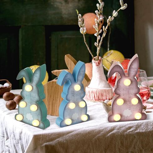 Gejoy 3 Pcs Easter Wooden Bunny Light Table Decor 7" LED Rabbit Standing Sign Light up Rustic Farmhouse Table Centerpiece Spring Tiered Tray Decor for Home Office Living Room Desk Party Gift in Saudi Arabia