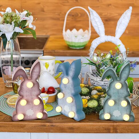 Gejoy 3 Pcs Easter Wooden Bunny Light Table Decor 7" LED Rabbit Standing Sign Light up Rustic Farmhouse Table Centerpiece Spring Tiered Tray Decor for Home Office Living Room Desk Party Gift in Saudi Arabia