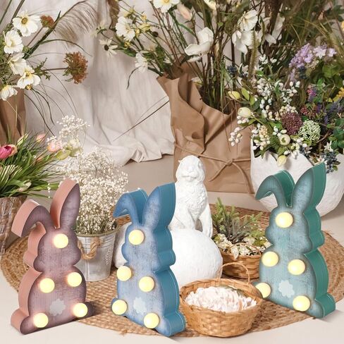 Gejoy 3 Pcs Easter Wooden Bunny Light Table Decor 7" LED Rabbit Standing Sign Light up Rustic Farmhouse Table Centerpiece Spring Tiered Tray Decor for Home Office Living Room Desk Party Gift in Saudi Arabia