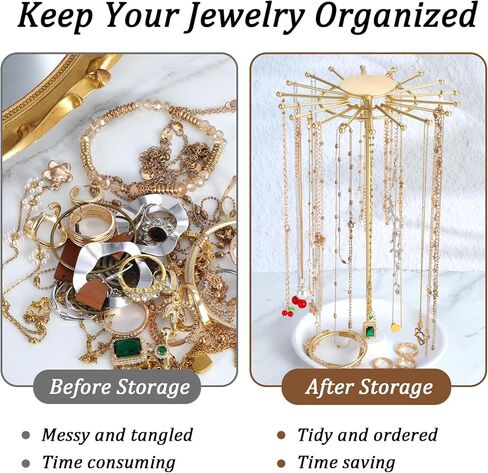 حامل مجوهرات دوار مكون من قطعتين، حامل مجوهرات للقلادة الذهبية، منظم مجوهرات للقلائد والأقراط والخواتم وشجرة تخزين، هدايا للنساء in Kuwait