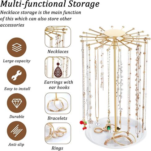حامل مجوهرات دوار مكون من قطعتين، حامل مجوهرات للقلادة الذهبية، منظم مجوهرات للقلائد والأقراط والخواتم وشجرة تخزين، هدايا للنساء in Kuwait