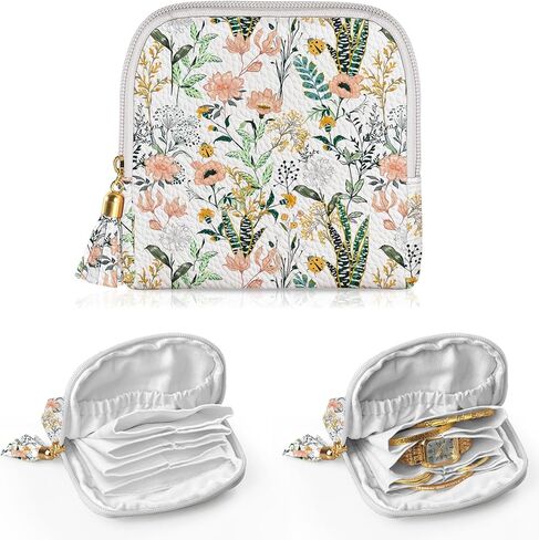 حقيبة تنظيم مجوهرات السفر، حقيبة تخزين لتنظيم المجوهرات المخملية بسحاب، حلقات الرحلة، القلائد، الأقراط، الأساور للنساء (عشب الزهور) in Kuwait