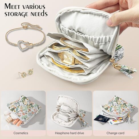حقيبة تنظيم مجوهرات السفر، حقيبة تخزين لتنظيم المجوهرات المخملية بسحاب، حلقات الرحلة، القلائد، الأقراط، الأساور للنساء (عشب الزهور) in Kuwait