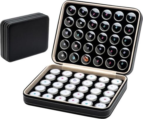 صندوق تخزين مجموعة عرض الأحجار الكريمة 60 قطعة مع غطاء شفاف للأحجار الكريمة والألماس وجلد البولي يوريثان حاوية حامل حقيبة سوداء (أسود-60 قطعة) in Kuwait